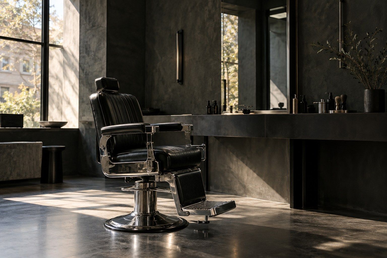 The barber chair in afternoon light from the window